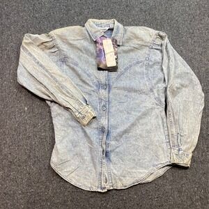 Essentials Sport Denim Shirt Sz S Womens Blue Acid Wash Western Puff Sleeve NEW